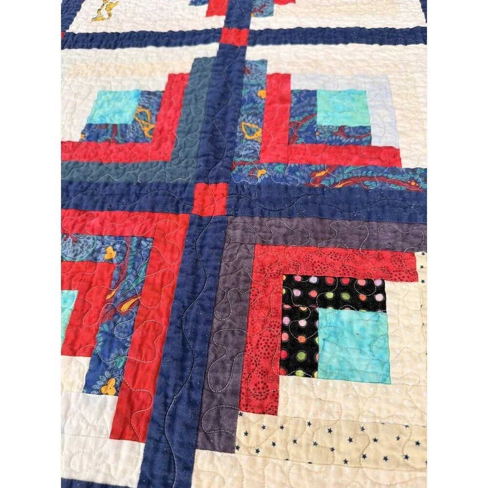 Handmade Log Cabin Patchwork Quilt 57.5x57 Chicken Backing Red Blue Throw